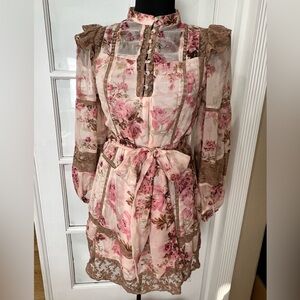 Floral Pink and Brown Lace-Trim Midi Dress with Waist Tie